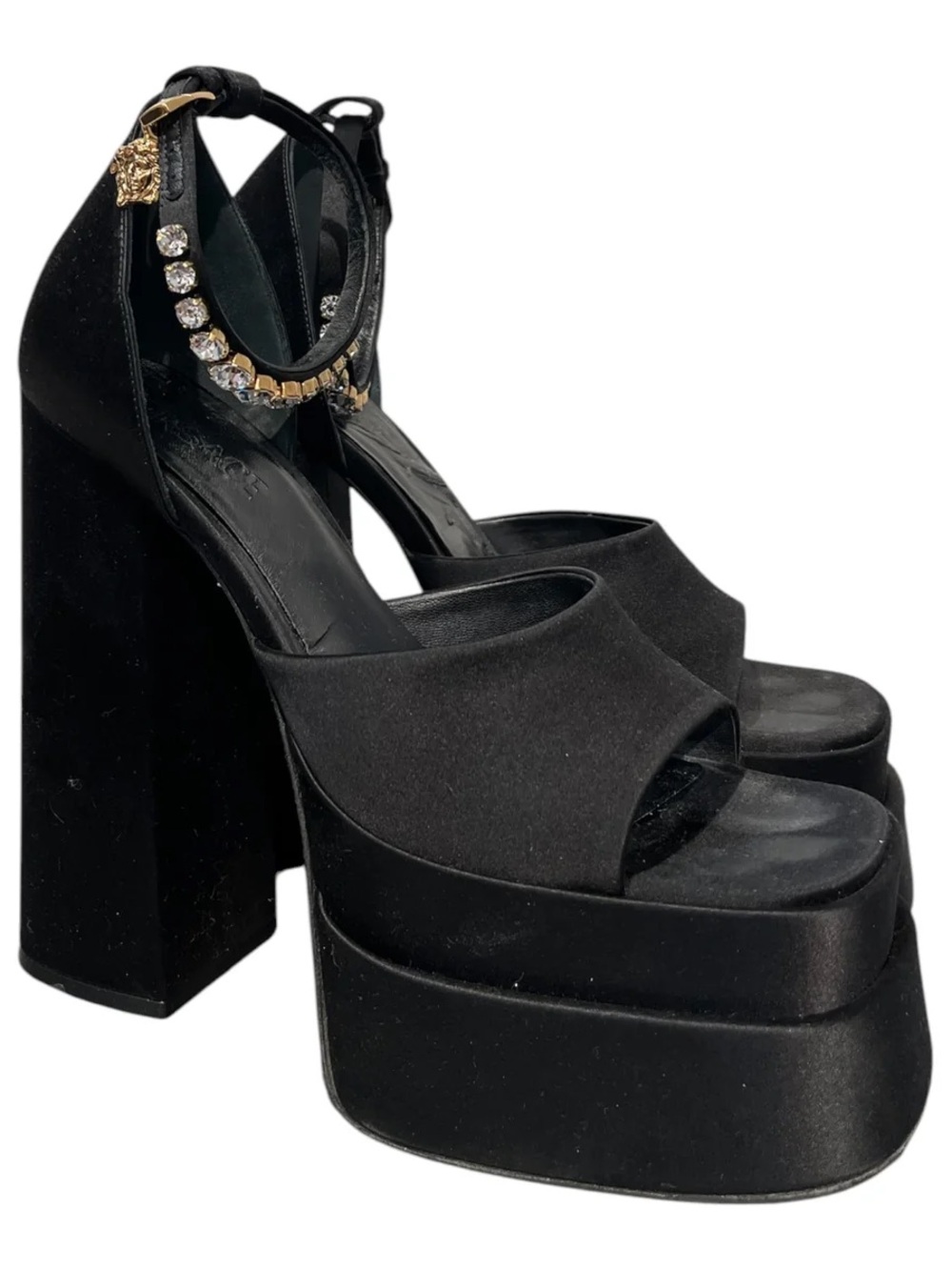 Versace Black Platform Ankle-Strap Heels with Crystal and Gold Accent